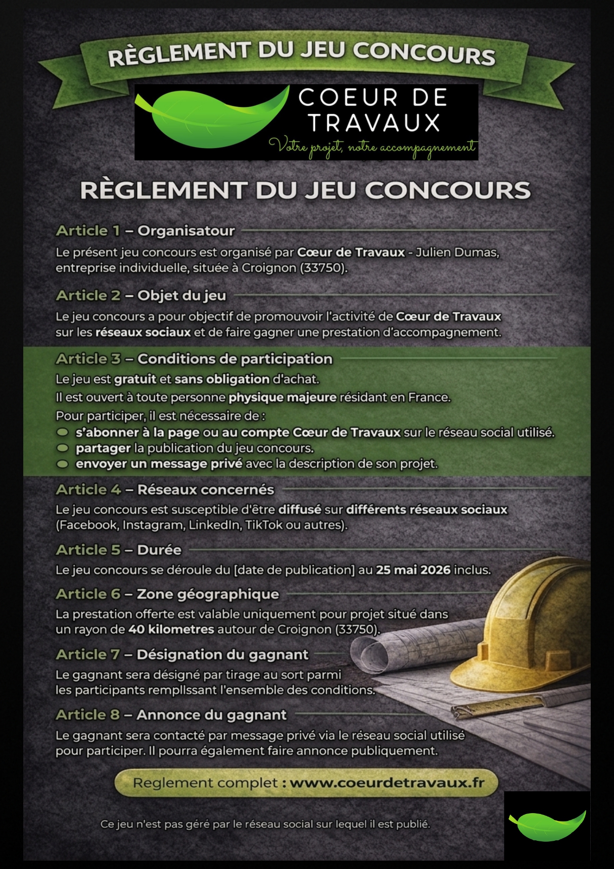 Règlement du jeu concours Cœur de Travaux